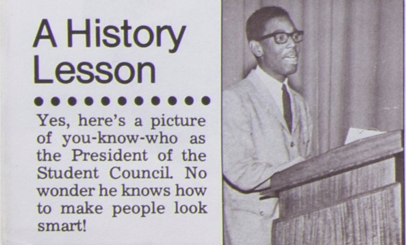 Black and white news clipping. On the left it reads "A History Lesson. Yes, here's a picture of you-know-who as the President of the Student Council. No wonder he knows how to make people look smart!" On the right is an image of a dark skinned man in a light suite, speaking in front of a podium.