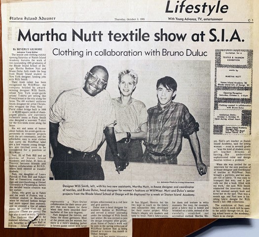 Newspaper clipping from the Staten Island Advance detailing an exhibition of textile designs by Martha Nutt and Bruno Duluc at the S.I.A gallery in New York City, October 1983