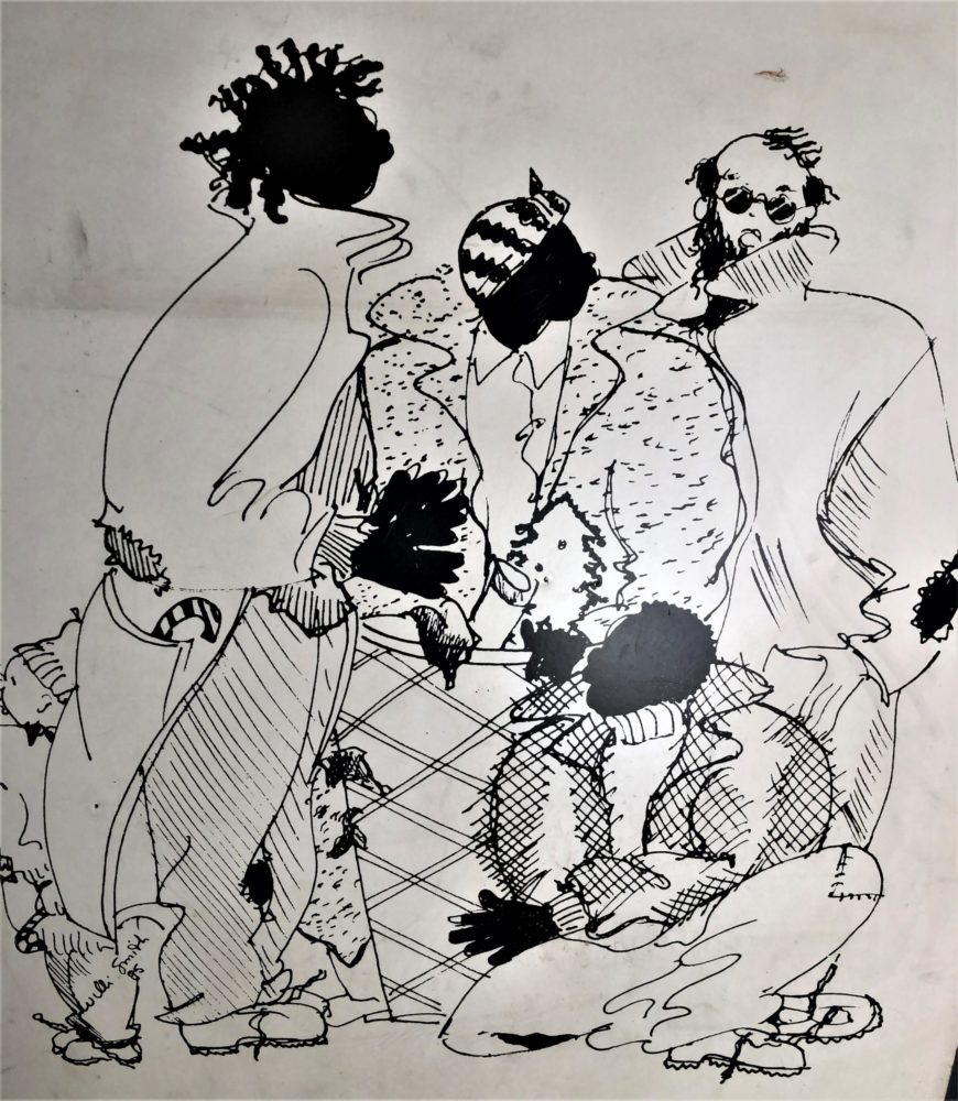 Drawing of four dark-skinned figures in in baggy, loose fitting clothing. Three are standing in the a row, and one is sitting cross-legged in the bottom right of the image.