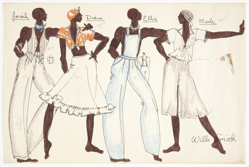 Drawing of four dark-skinned dancers modeling costume designs for Deep South Suite