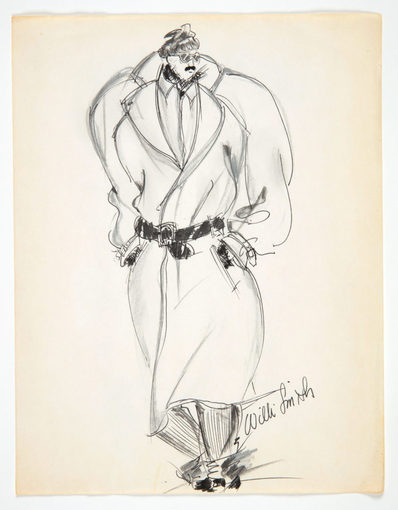 Sketch of a figure in an oversized trench coat with a black belt and pinstripe trousers