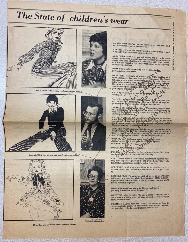 A newspaper clipping with a title that reads "The State of children's wear." A heart is hand-drawn around an image of a man on the page, and note in black ink is written across the article text that reads, "You are more than great. Why didn't I know if before. I love you. Willi Smith."