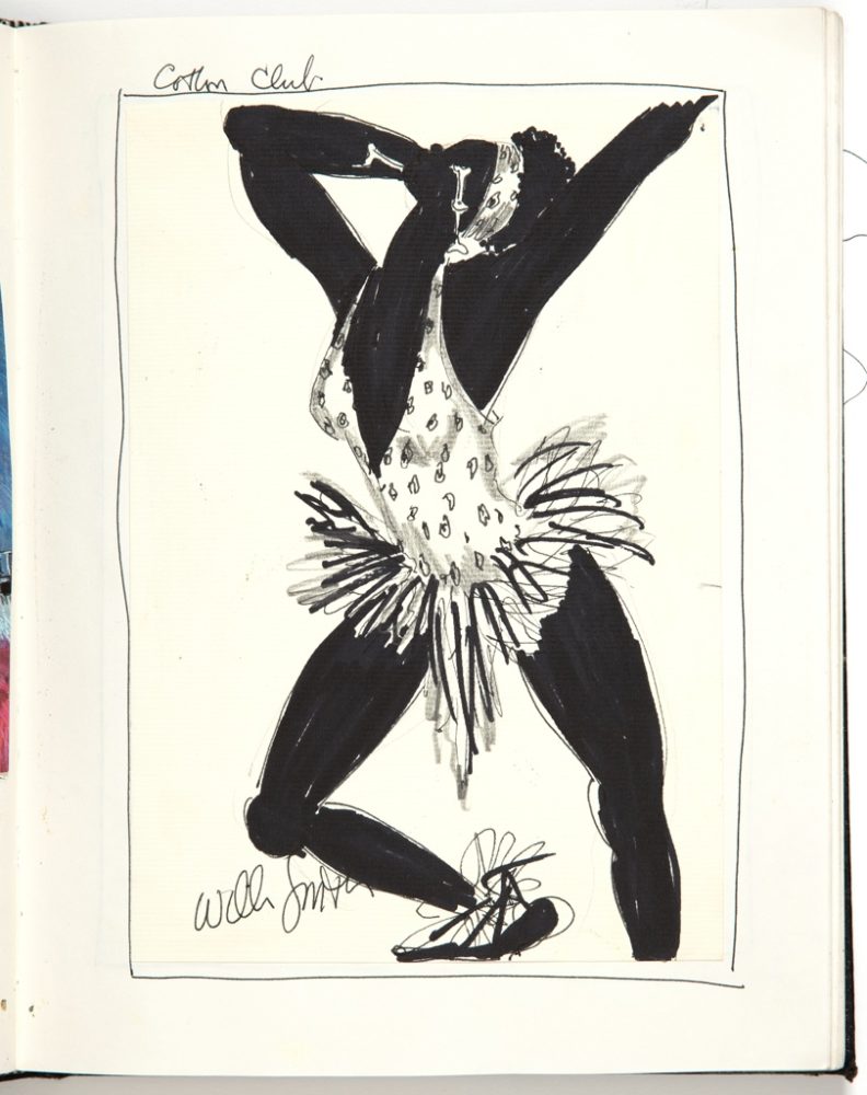 Illustration of Black female figure in dramatic pose wearing patterned plunge leotard and grass-like tutu skirt