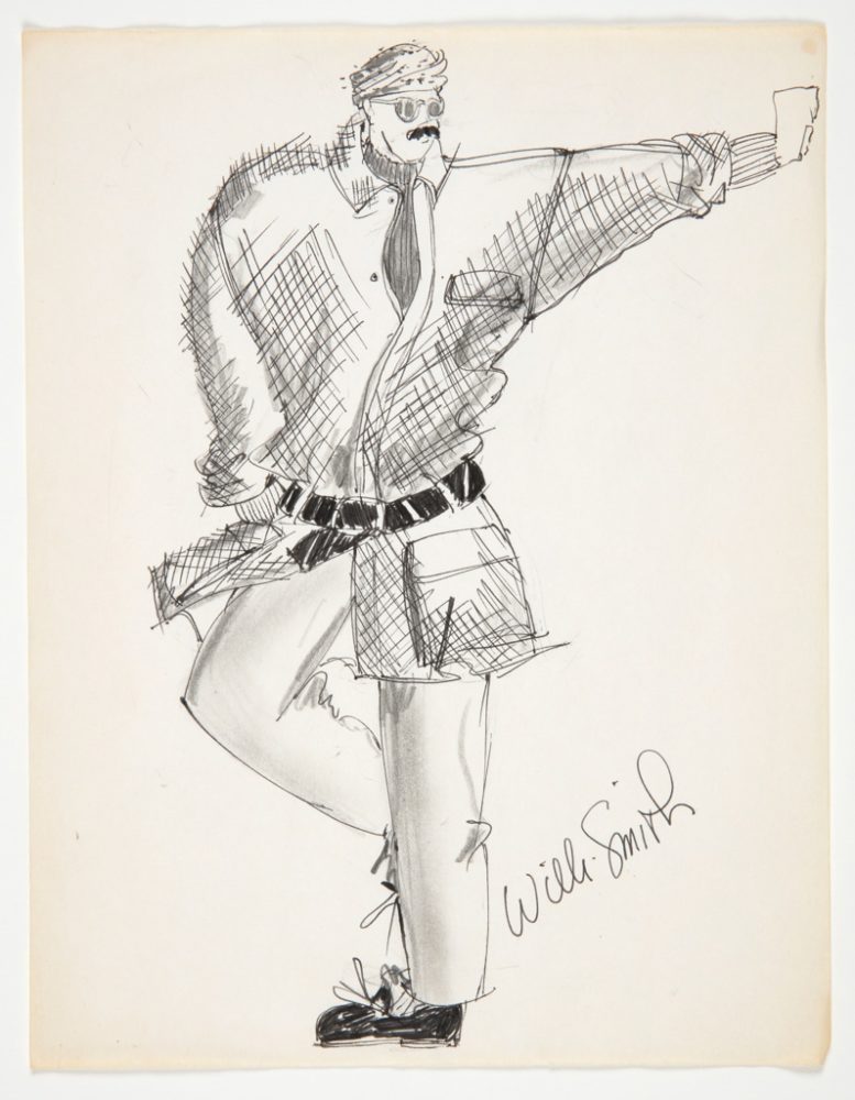 Sketch of a figure wearing an oversized collared shirt, trousers, black belt, and hat