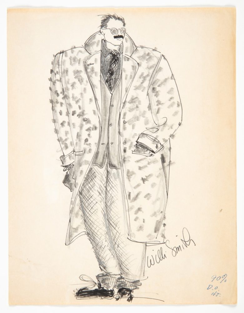Sketch of a figure wearing a busy-patterned trench coat, trousers, a vest, collared shirt, black tie, and sunglasses