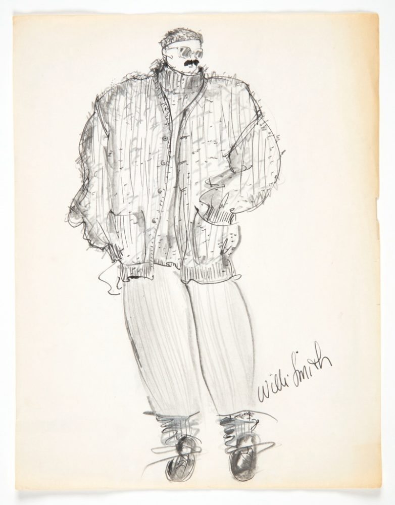 Sketch of a figure wearing a textured cardigan over a turtleneck with wide-leg pants, a beanie hat, and sunglasses