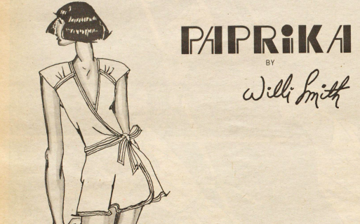A drawing of a a model in a robe. It reads "Paprika, by Willi Smith."