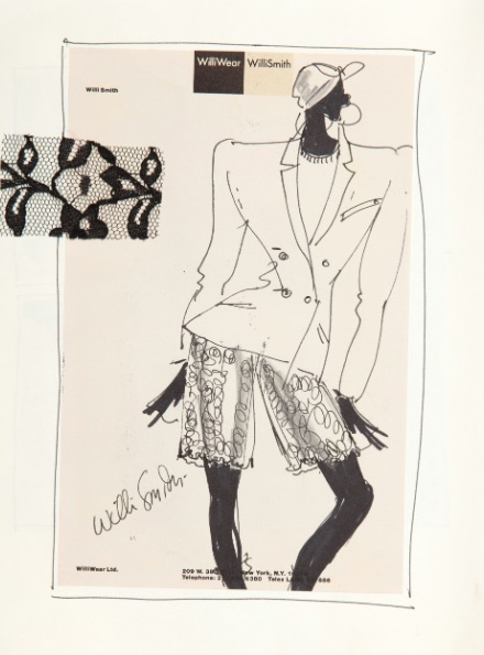 Illustration of black figure wearing a turban, blouse, double-breasted blazer, and patterned shorts; a black lace fabric swatch is next to illustration