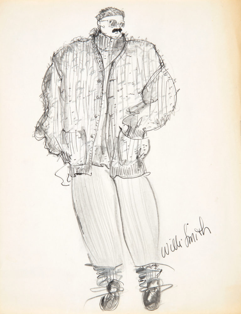 Sketch of a figure wearing a textured cardigan over a turtleneck with wide-leg pants, a beanie hat, and sunglasses