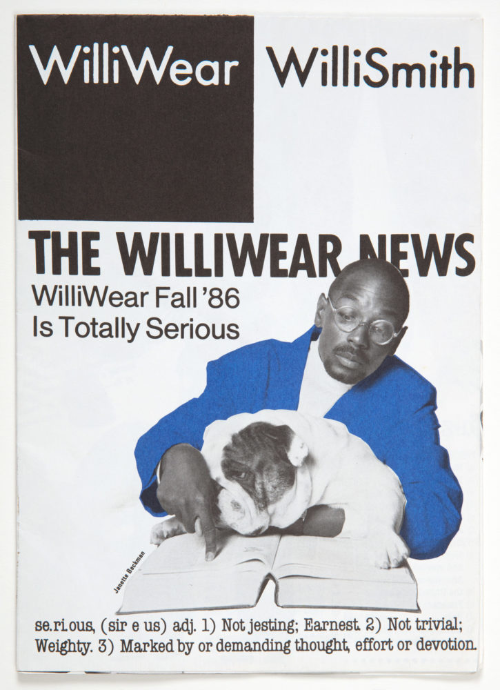 Cover page of WilliWear News featuring Willi Smith in a colbalt blue blazer holding his dog Rufus