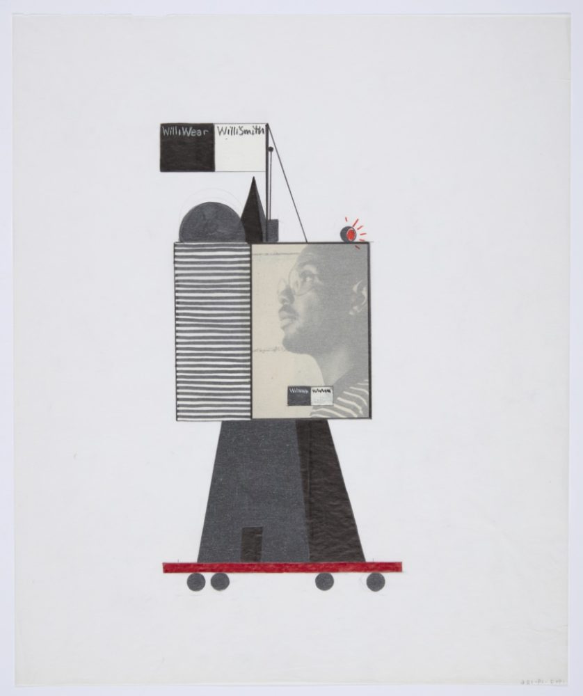 Drawing of a black pyramid with a square containing a photograph of a man in profile on a red platform with wheels, a black banner in placed at the top