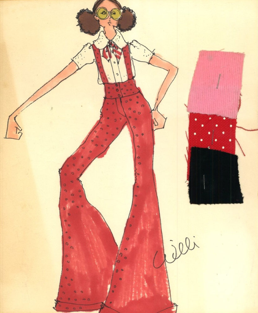 Illustration of a figure in a red bell-bottom jumpsuit with a white collared blouse and bow necktie; three fabric swatches in pink, black, and red and white polka dots are stapled beside illustration