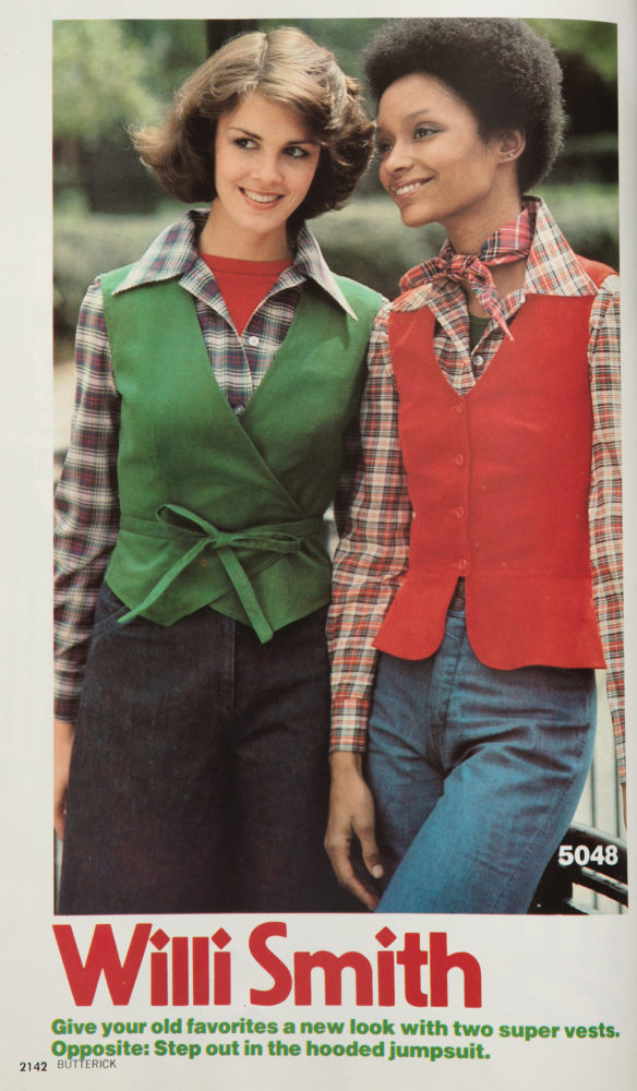 Photograph in a Butterick catalog of two female figures modeling green and red vests, plaid shirts, and denim high-waisted jeans designed by Willi Smith