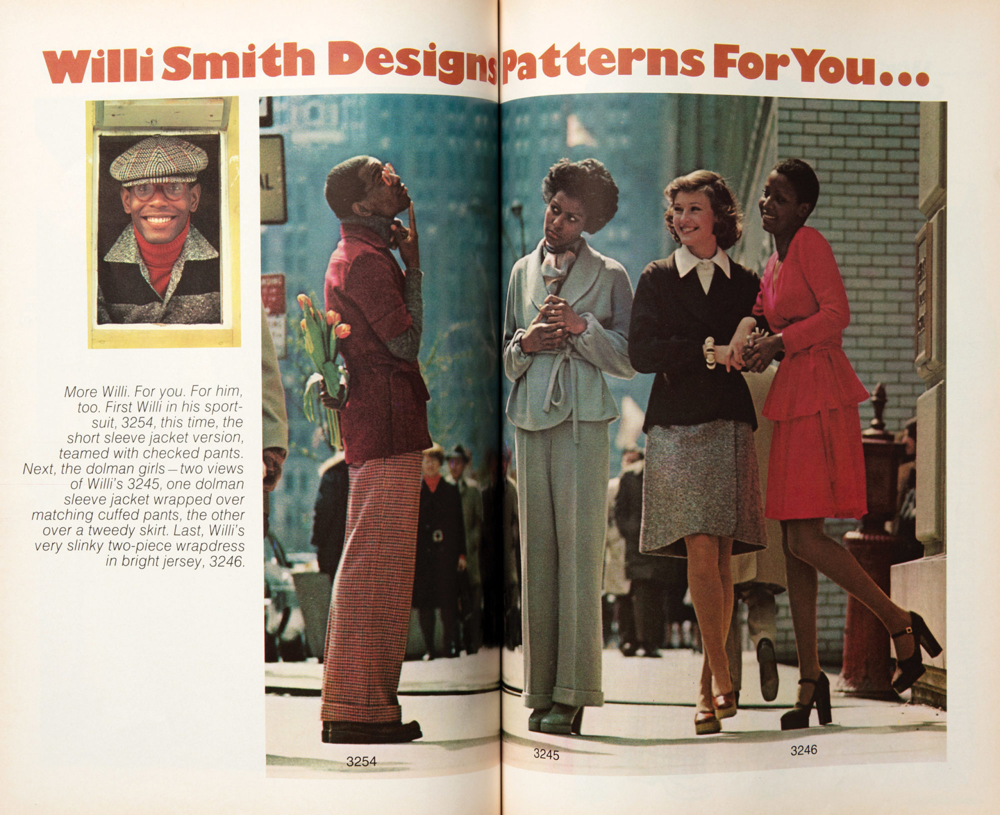 Butterick catalog image of Willi Smith in short-sleeved sports jacket and long pants standing beside three female models in jackets, pants, a skirt, and two-piece wrap dress