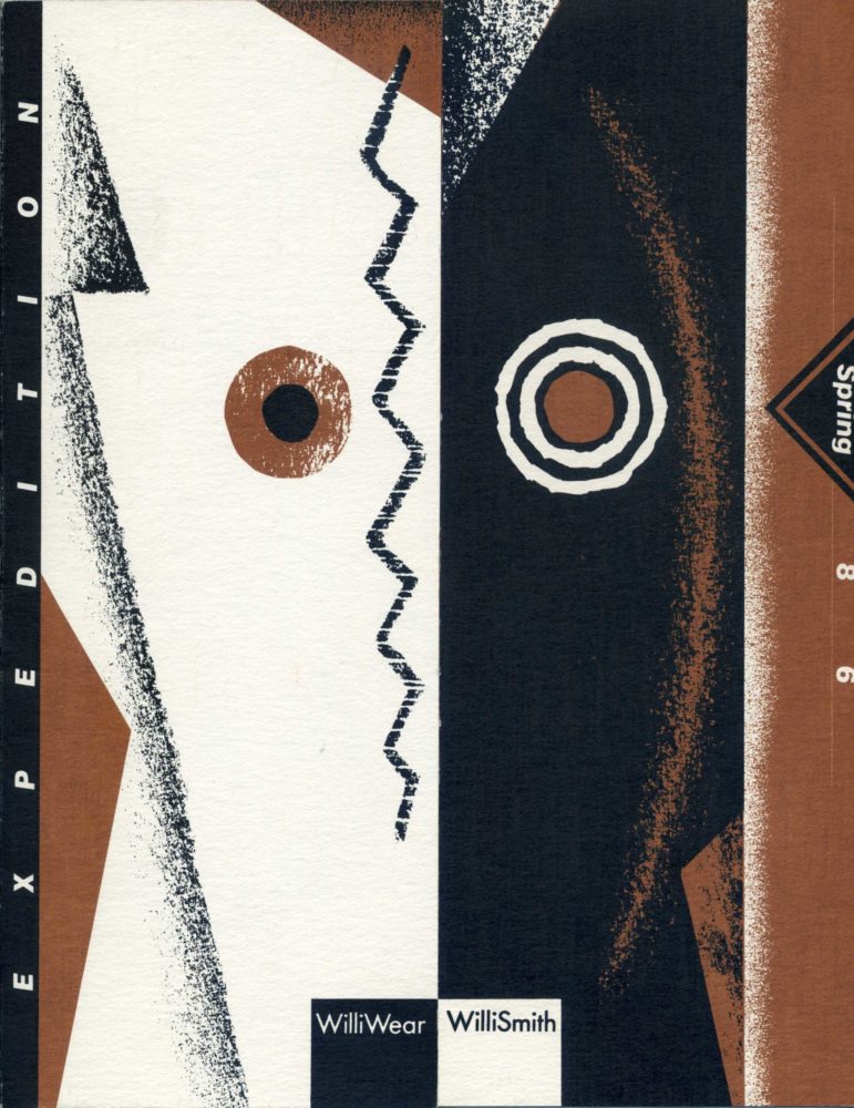 Cover of press folder featuring an illustration of a black, white, and brown African mask