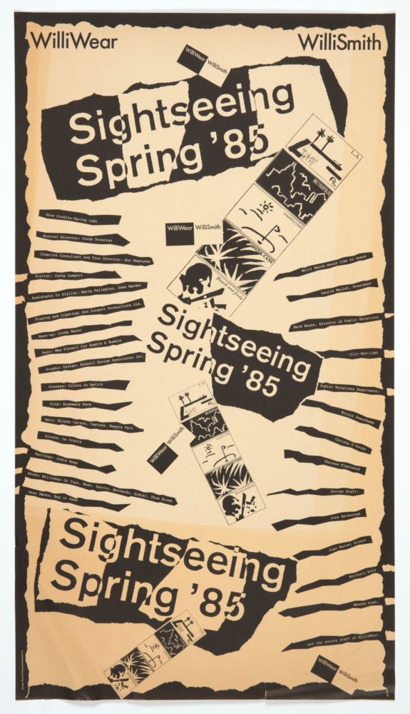Yellowed poster with bold black text and graphics detailing show credits for the Sightseeing Spring ’85 Presentation