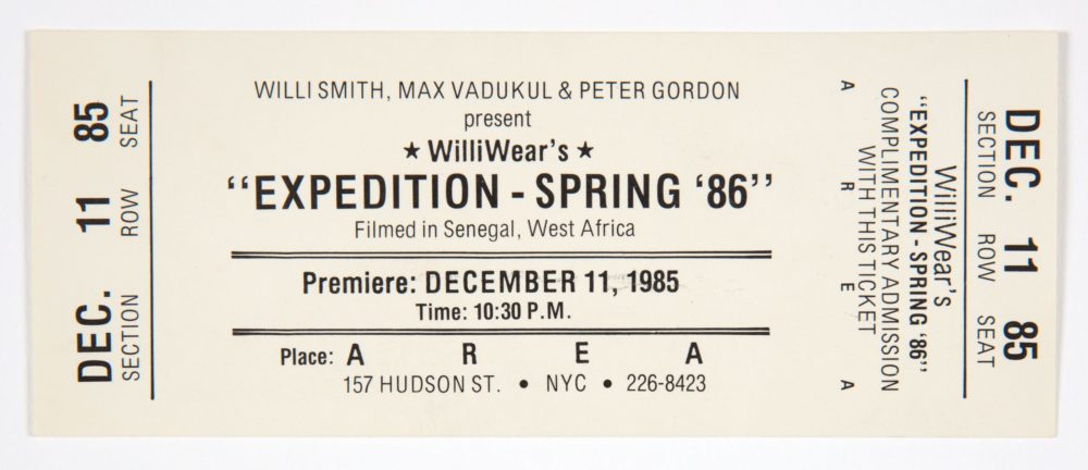 White ticket with black text with details for admission to a screening of the Expedition Spring 1986 Presentation
