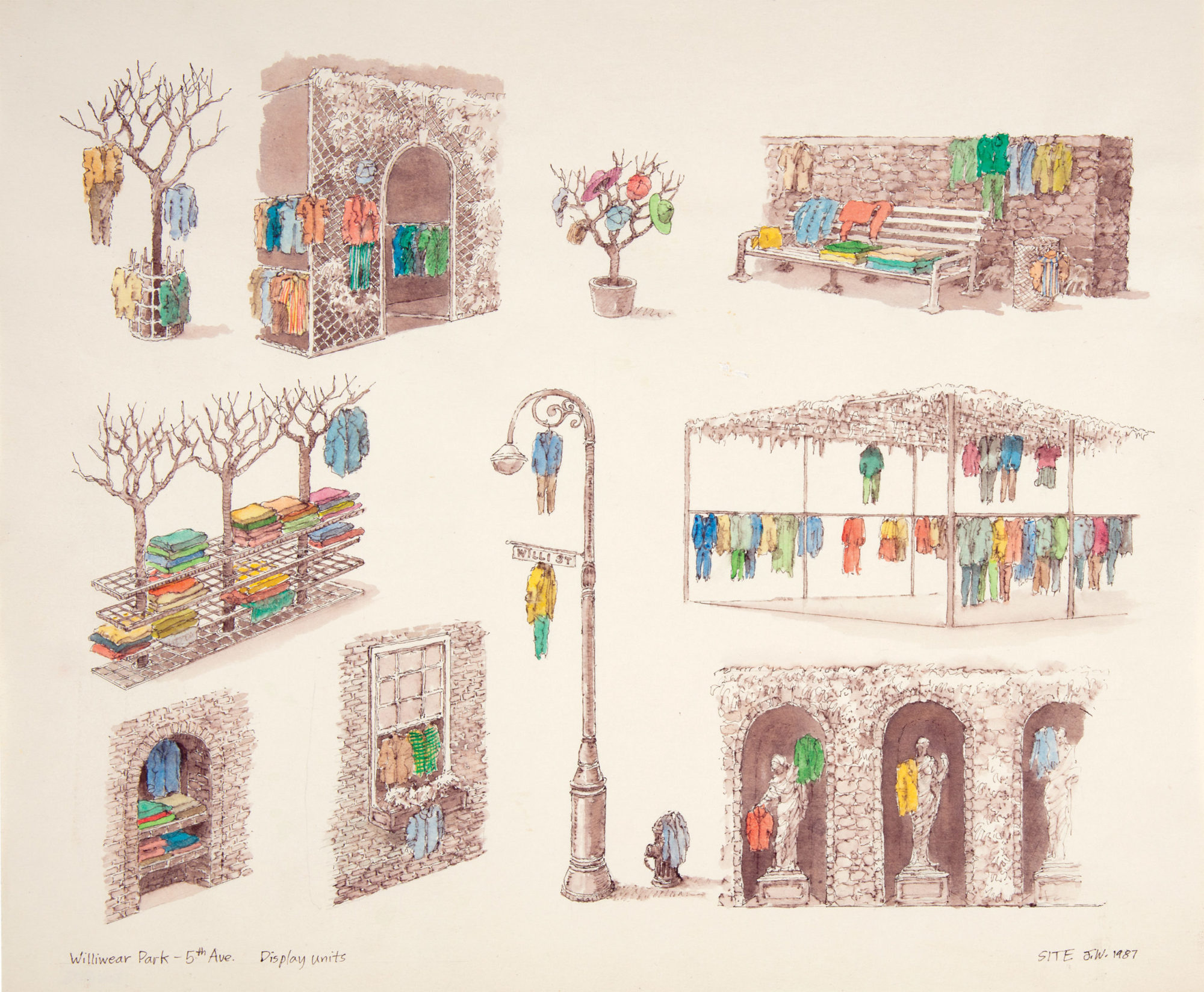 Multicolored watercolor and ink conceptual illustrations for the interior of WilliWear’s Fifth Avenue showroom