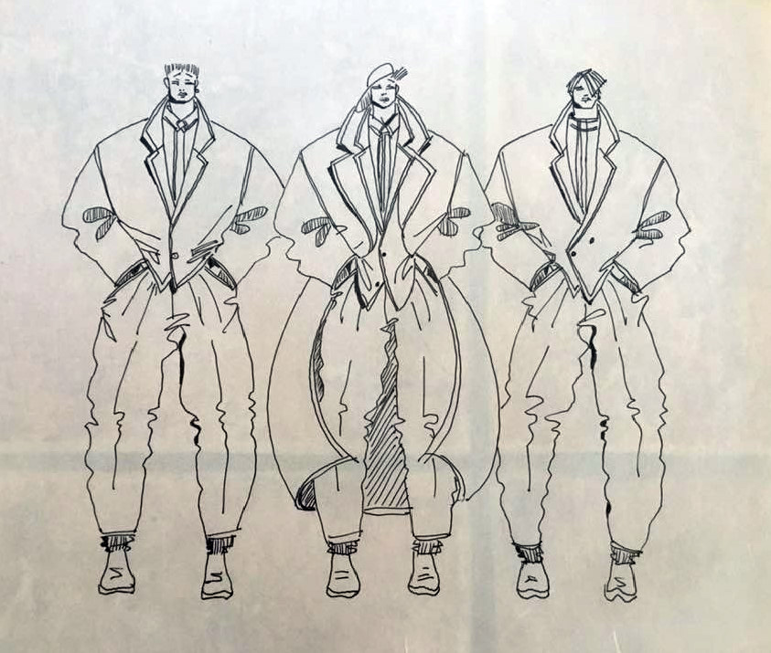 Sketch of three male figures wearing loose pants; two wear large jackets; one wears a large coat