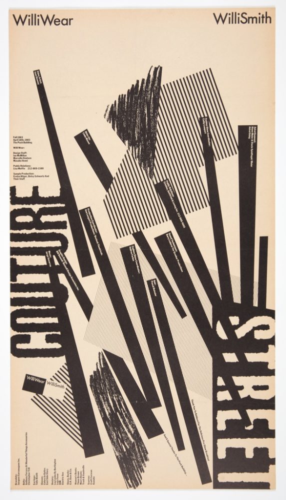 Black-and-white poster with bold graphics for invitees of the 1983 Street Couture collection