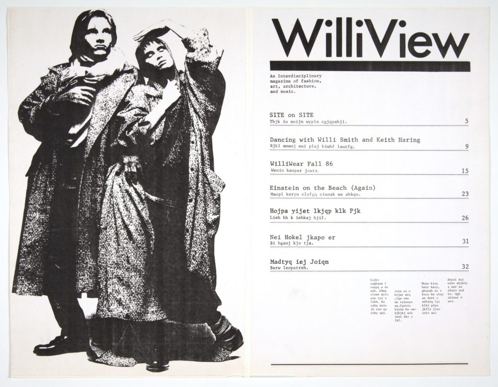Two pages from WilliView magazine mockup; one page depicts two models posing dramatically for a black-and-white photograph in matching oversized trench coats; the other page displays text layout for content page.
