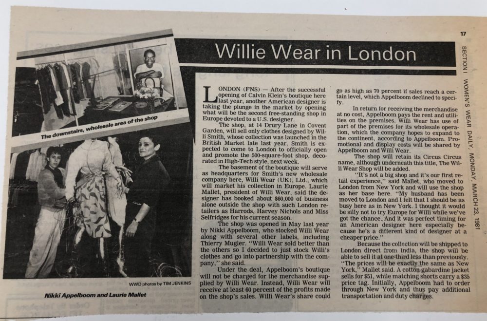 A news article. On the left is a black and white photo of a Willi's shop. Two women hold a mannequin draped in a pattern dress. The headline of the article reads "Willi Wear in London"