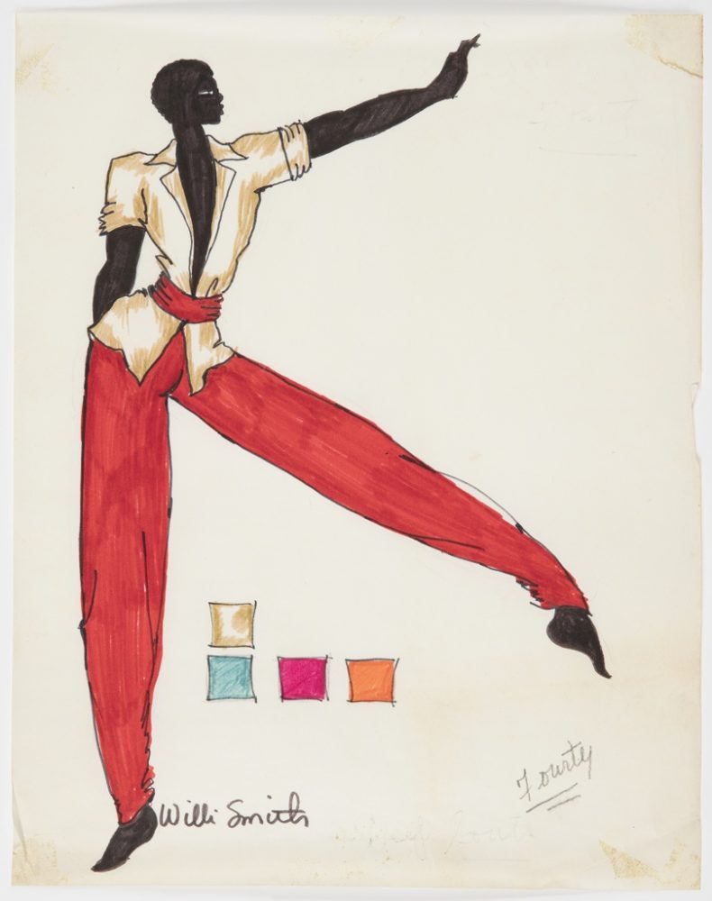 Drawing of a dark-skinned dancer modeling a beige unbuttoned shirt, red pants, and red belt for the dance production Deep South Suite
